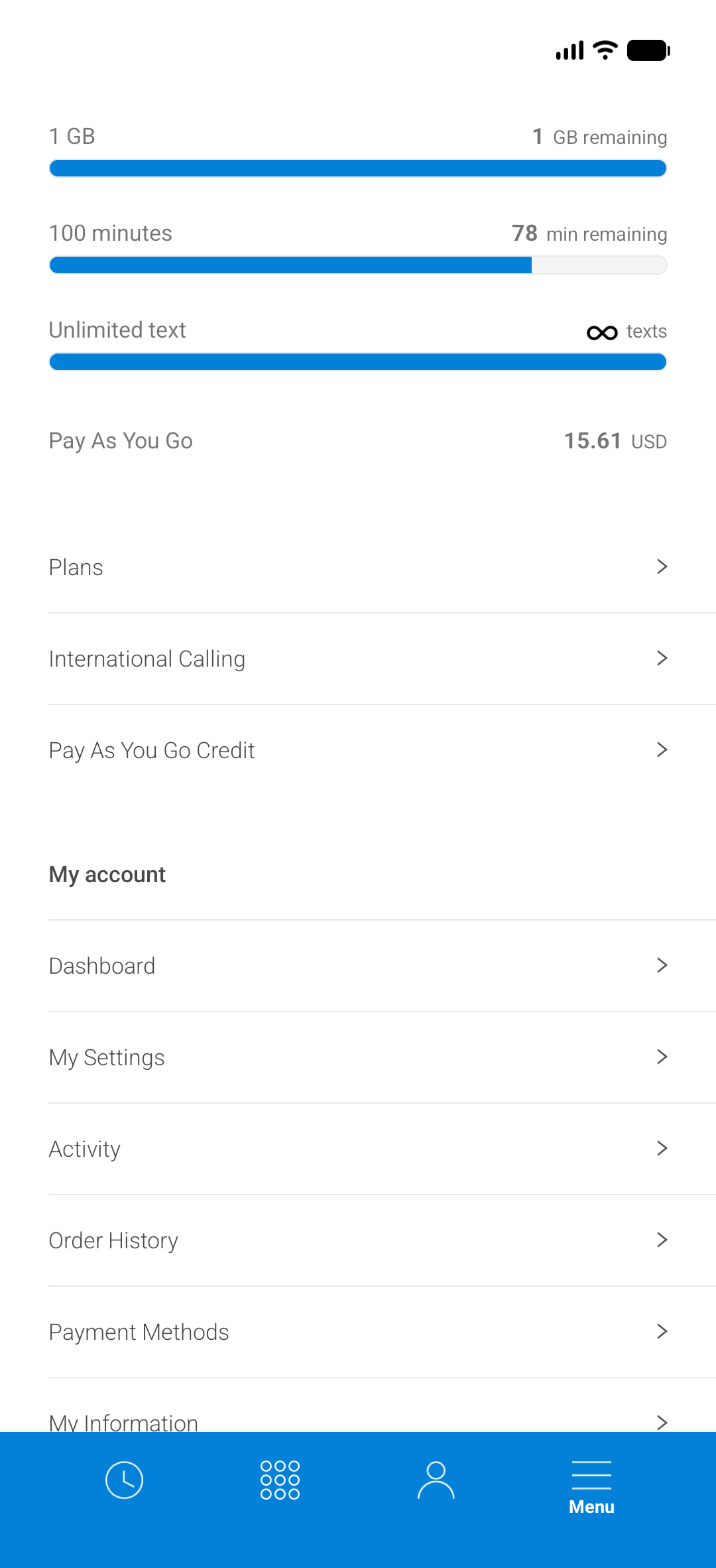 Tello app menu screen showing usage summary for data, minutes, and text, plus account navigation links.