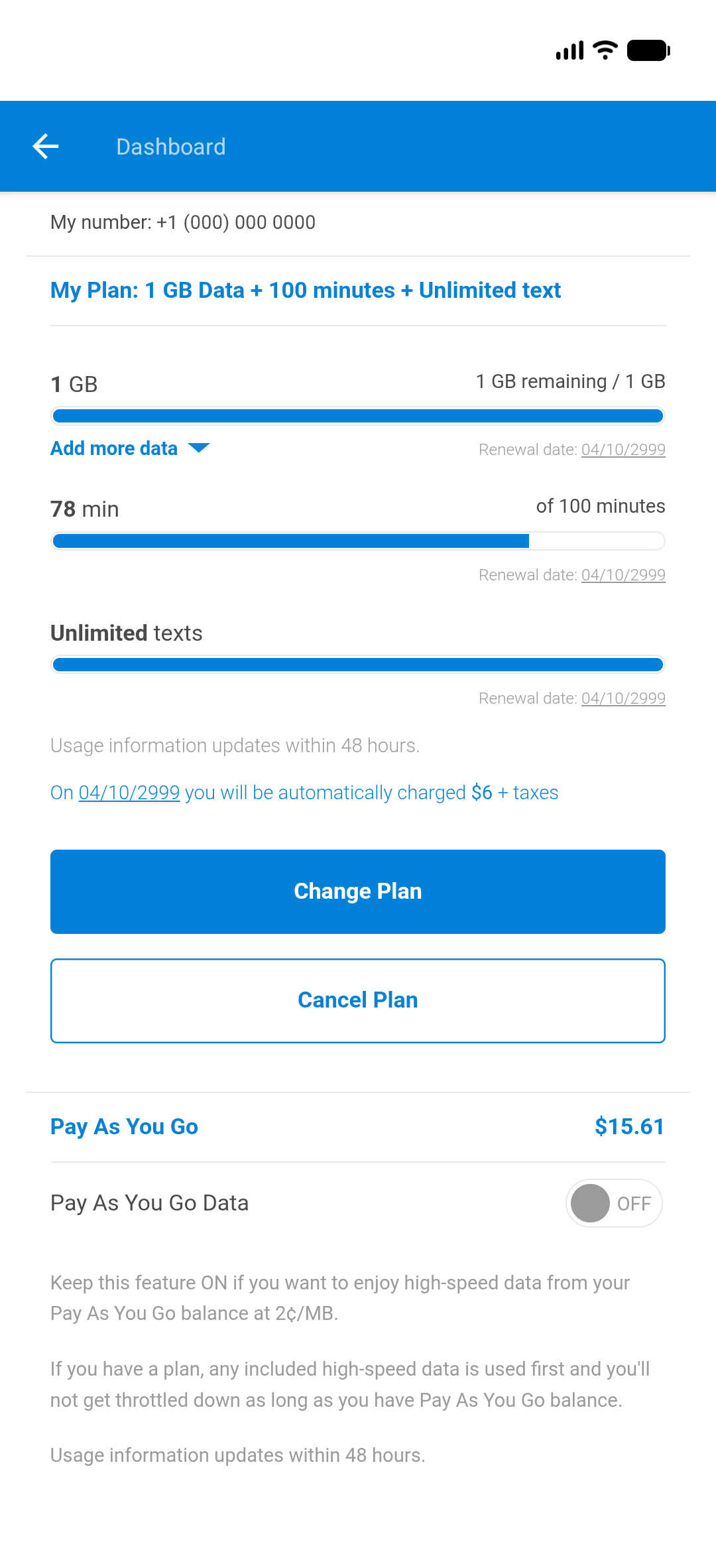 Tello app Dashboard screen showing plan details, usage bars, renewal date, and Change Plan / Cancel Plan buttons.