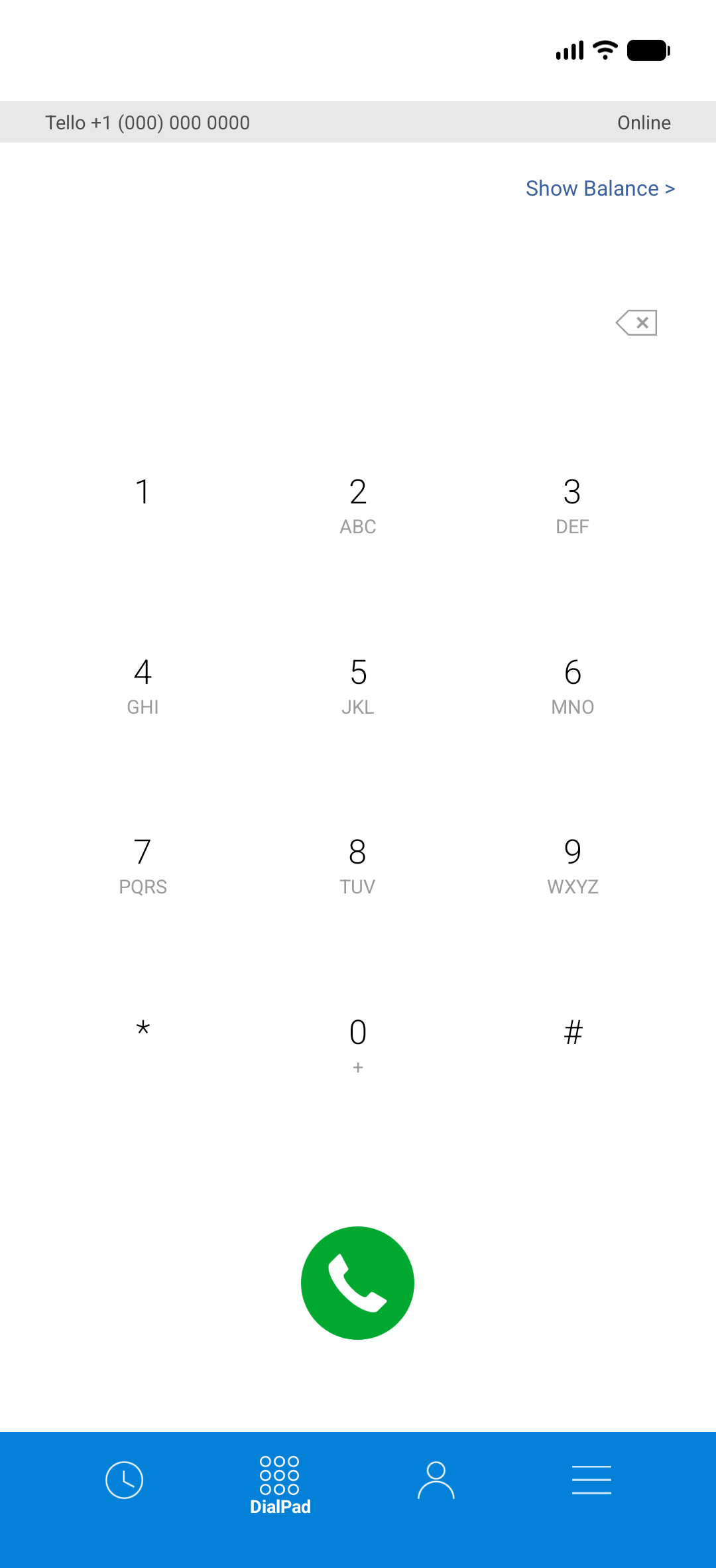 Tello app Dialer screen with a numeric keypad, phone number, online status, and a call button.
