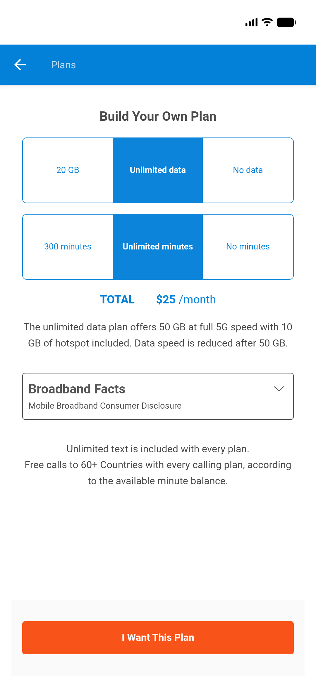 Tello app "Build Your Own Plan" screen with data and minutes selectors, total price, and an "I Want This Plan" button.