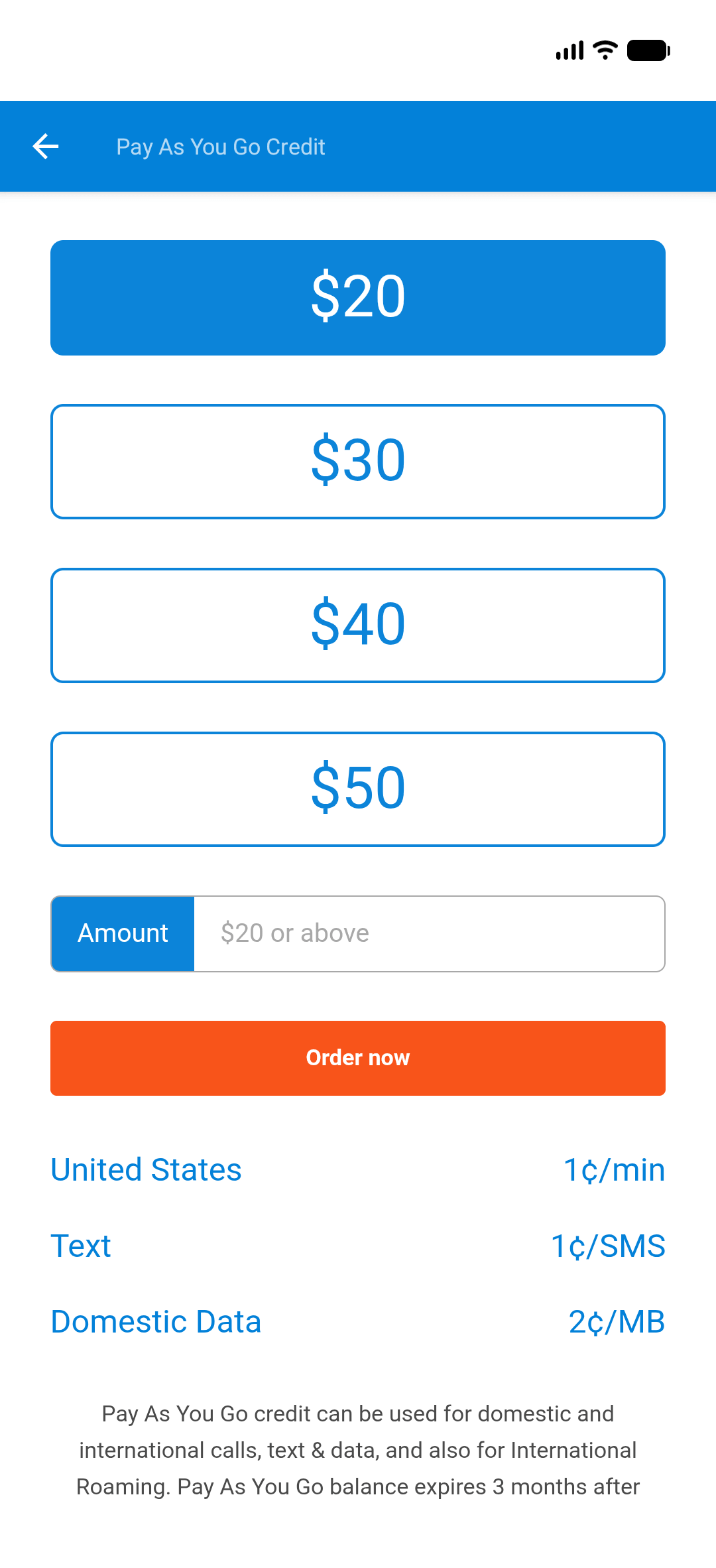 Tello app Pay As You Go Credit screen with preset dollar amount options, a custom amount field, and pricing details.