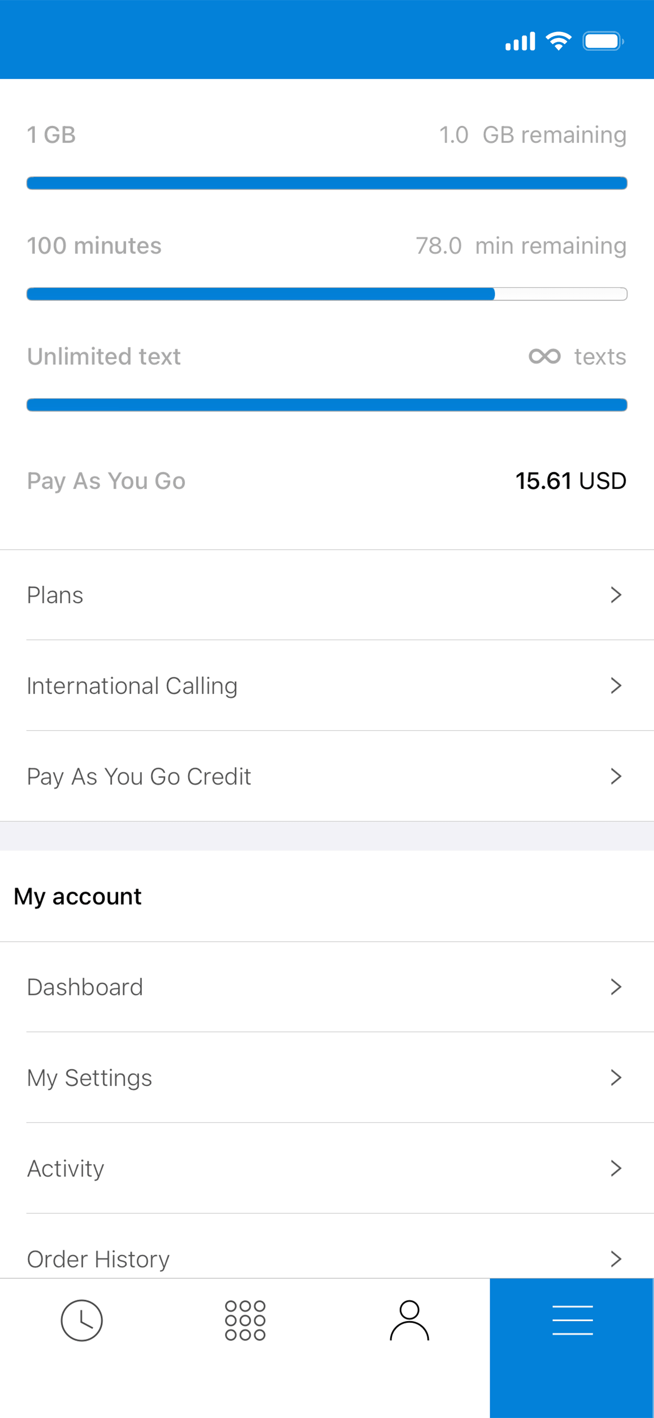 Tello app menu screen showing usage summary for data, minutes, and text, plus account navigation links.