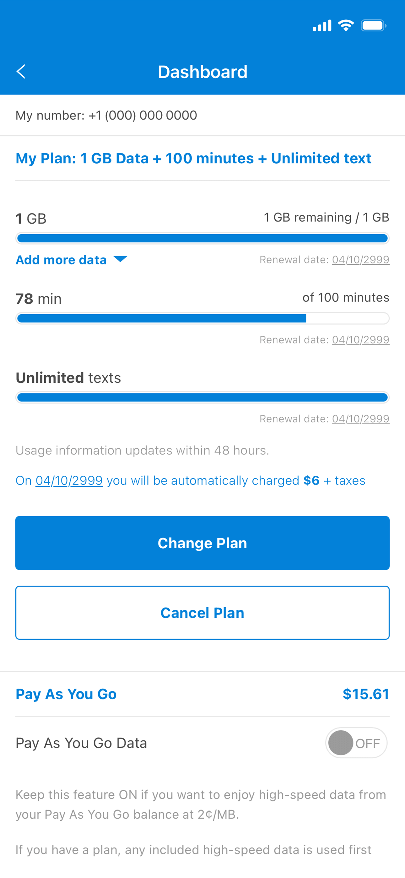 Tello app Dashboard screen showing plan details, usage bars, renewal date, and Change Plan / Cancel Plan buttons.