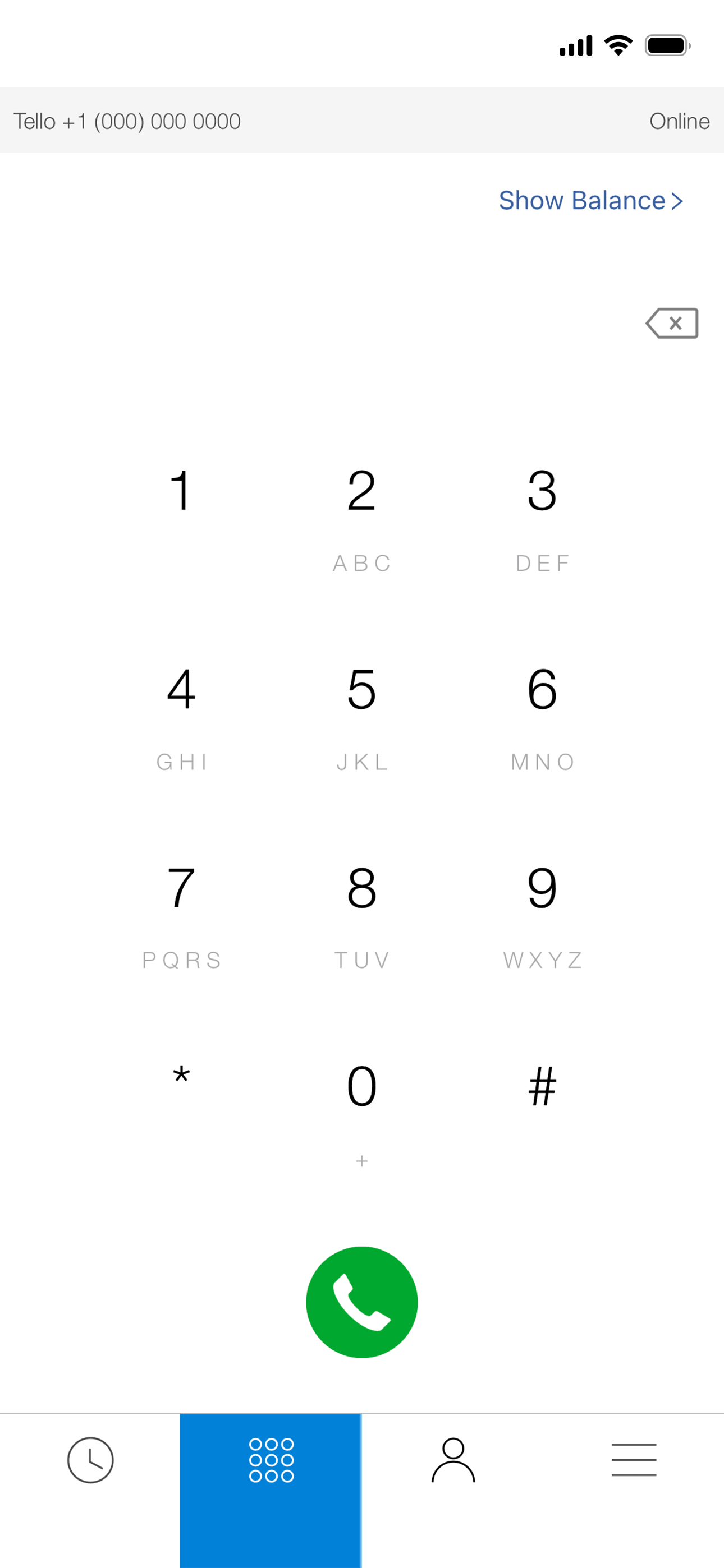 Tello app Dialer screen with a numeric keypad, phone number, online status, and a call button.