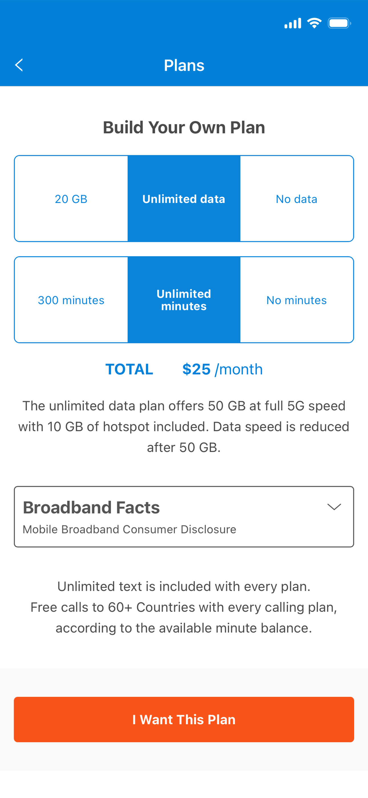 Tello app "Build Your Own Plan" screen with data and minutes selectors, total price, and an "I Want This Plan" button.