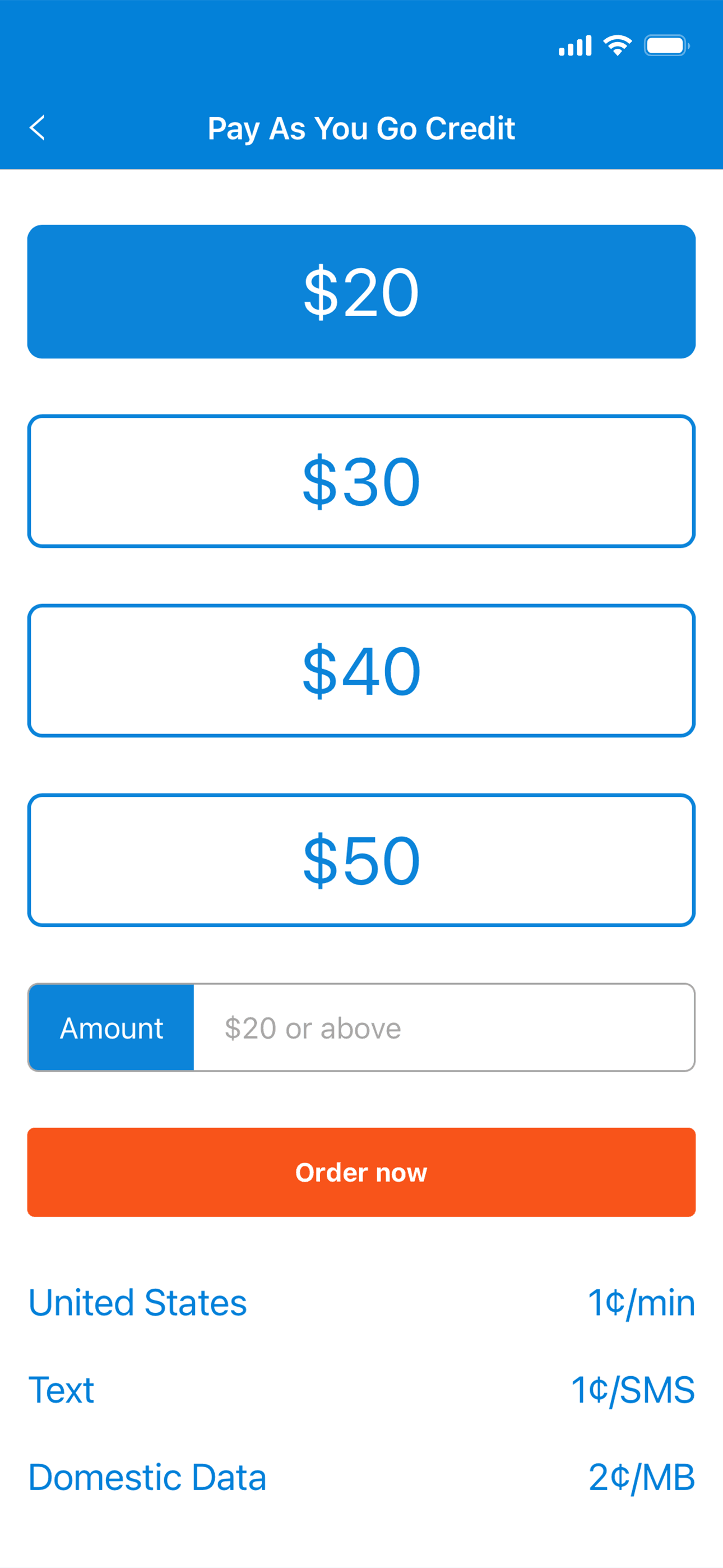 Tello app Pay As You Go Credit screen with preset dollar amount options, a custom amount field, and pricing details.